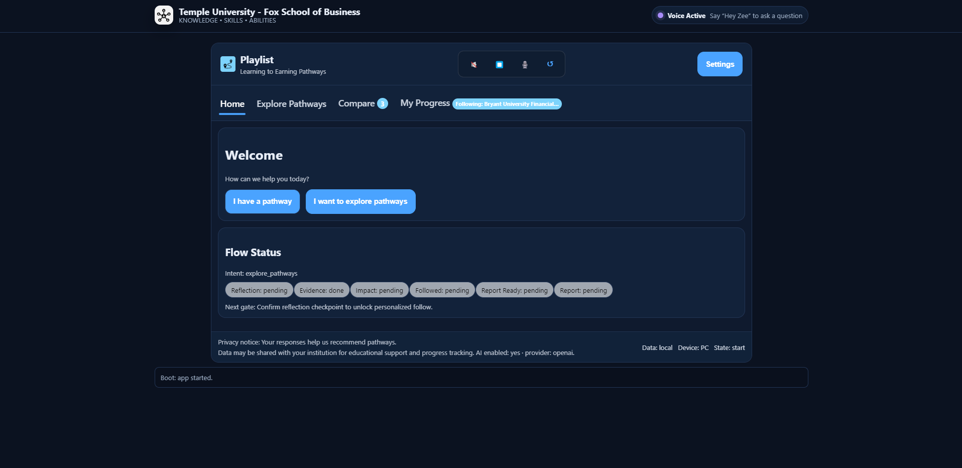 Playlist app showing the Home view with pathway exploration, comparison, and progress tracking tabs